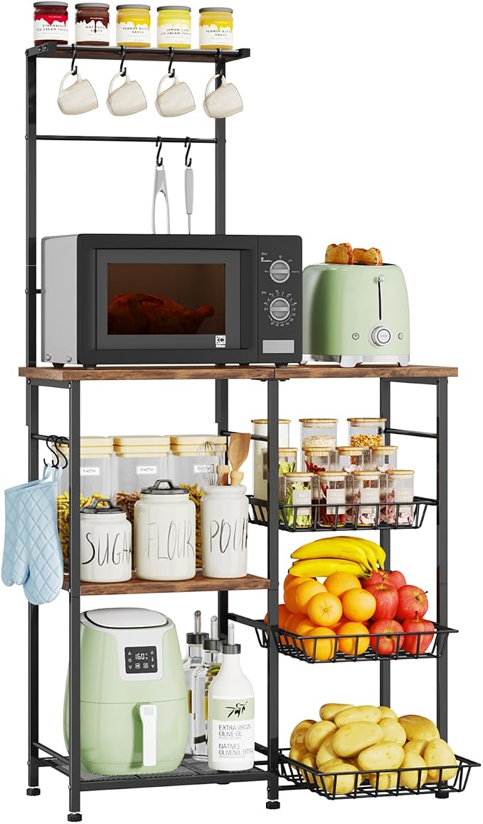 SWTYMIKI Bakers Rack with Storage - Coffee Bar Cabinet with Shelves, Coffee Station Organizer and Kitchen Stand with 8 Hooks, Baskets, Adjustable Feet for Kitchen Dining Room Pantry, Espresso