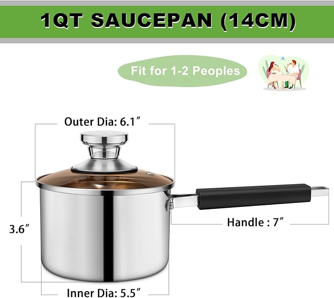 TeamFar 1 Quart Saucepan, Stainless Steel Tri-Ply Small Sauce Milk Pan | with Heatproof Handle for Cooking/Boiling/Simmering, For Induction/Gas/Electric, Healthy & Heavy Duty, Dishwasher Safe