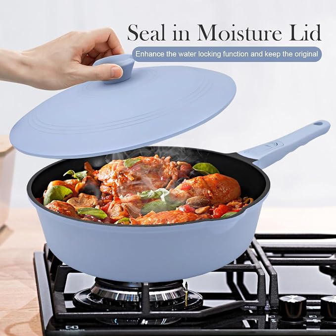 12 Inch Nonstick Deep Frying Pan Skillet with Lid,5 Qt Large Saute Pan,Blue | Detachable Handle, Suitable for All Stoves, Including Induction, PTFE & PFAS & PFOA Free, Oven Safe