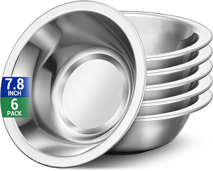304(18/8) Stainless Steel Mixing Bowls for Kitchen, 6 Pack 7.8" 28.89 fl.oz Metal Mixing Bowls Set Stackable for Baking Serving Cooking Food Prep Storage Dishwasher Safe Heavy Duty