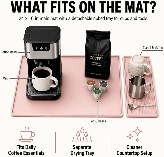 Silicone Coffee Mat 24 x 16 in with Tray, Soft Light Pink | Coffee bar mat for countertop use, coffee station mat or coffee machine mat with removable tray and 0.47 in raised rim.