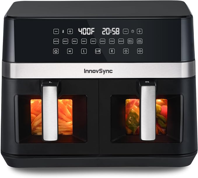 12QT Large Dual Air Fryer, 10-in-1 Double Zone Airfryer with 2×6QT Baskets, 60° Easy-Panel with Full Touchscreen, SyncCook Function, Viewing Window, Nonstick & Dishwasher Safe, 2 Dishes at Once, Black