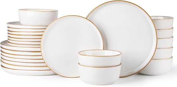 GBHOME Dinnerware Sets for 8, 24 Pieces Ceramic Plates and Bowls Set | Scratch Resistant Stoneware Dishes Set, Dishwasher & Microwave Safe, Reactive Glaze, Pearl White