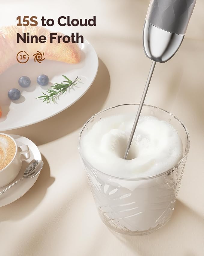 Maestri House LunaFro 2.0 Rechargeable Milk Frother, Stepless Speed Control | 1200mAh lithium battery Frother Handheld, IPX4, Stand & 2 Detachable Whisk for Lattes, Cappuccino, Matcha & Protein powder