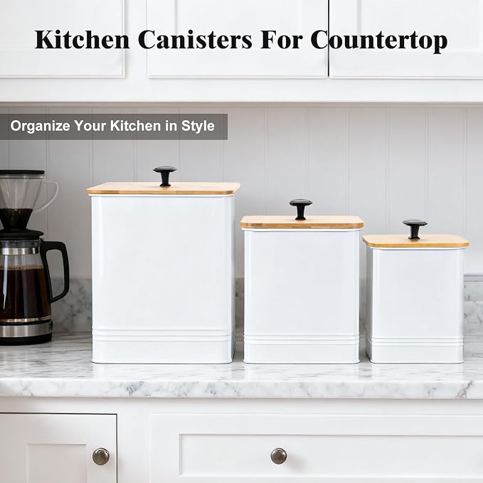 Kitchen Canisters Set of 3, Metal Flour Sugar Storage Containers with Airtight Lids-Canisters Sets for Kitchen with Customizable Chalkboard Labels & Marker Pen-Spice, Coffee Storage Jars(White)