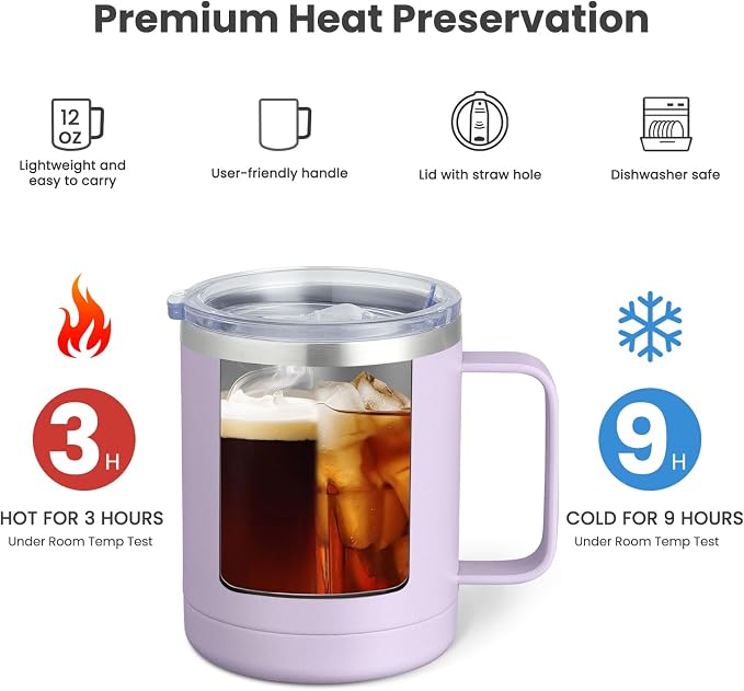 MEWAY 12oz Coffee Mug With Handle 2 Pack Bulk,Stainless Steel Insulated Travel Tumblers With Sliding Lid,Double Wall Vacuum Camping Cup for Hot & Cold Drinks Tea (Lilac&Pink,Set of 2)