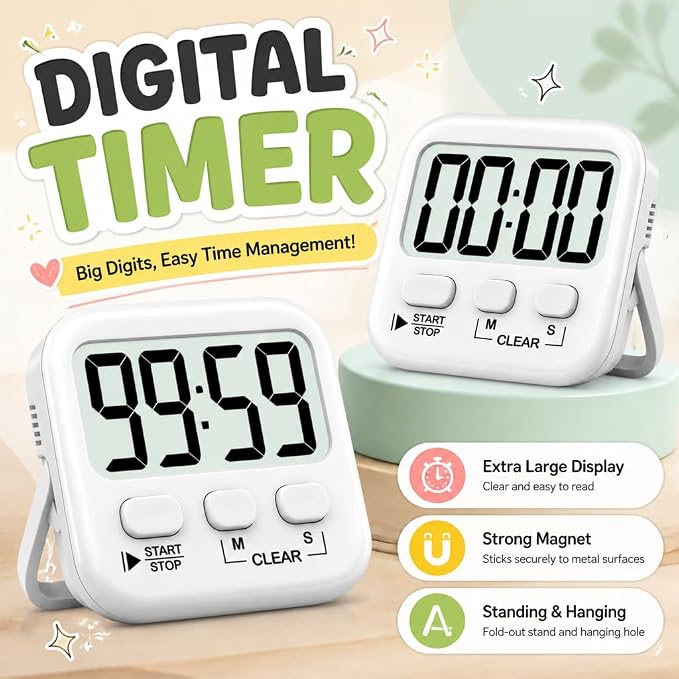 2 Pack Digital Timer for Kids Classroom Kitchen Timers for Cooking | w/ Battery, Easy to View, Alarm, Mute Mode, Count Down/Up, Magnetic, Kickstand, Hanging, Classroom Timer for Teacher Supplies