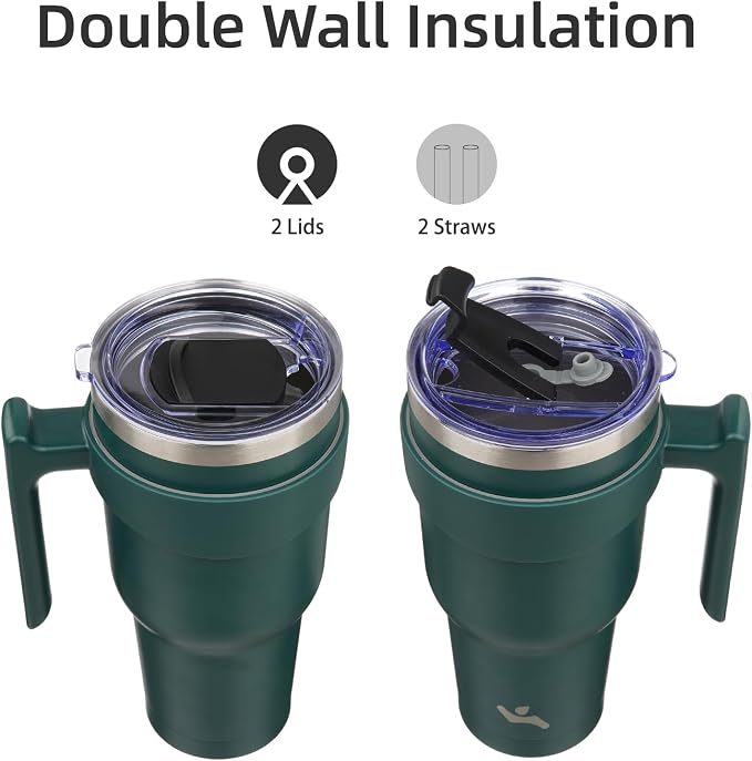 Konokyo 30 oz Tumbler with Handle and Straw, Insulated Travel Mug | Army Green; BPA-free, leak-proof tumbler with 2 lids, 2 straws, cup holder fit for coffee, office, travel & daily use