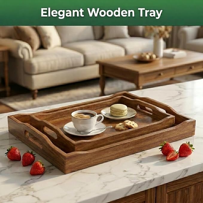 Acacia Wood Serving Trays with Handles, Rectangular Wooden Tray Set of 2 for Breakfast, Coffee Table, Ottoman, Kitchen, Dining, Party and Home Décor
