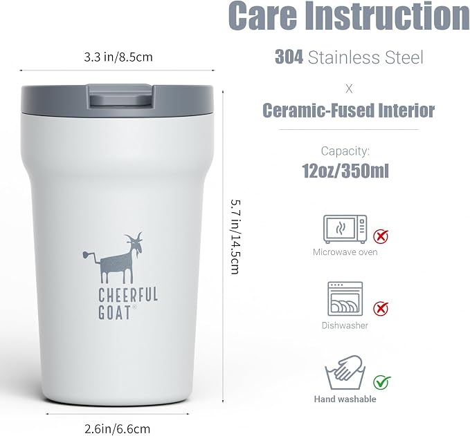 CHEERFUL GOAT Travel Coffee Mug – Stainless Steel Ceramic Lined Mug Insulated Tumbler, with lid, 12oz Leak Proof Cup for Hot and Cold Water Coffee at Home, Office, or On the Go (Grey)
