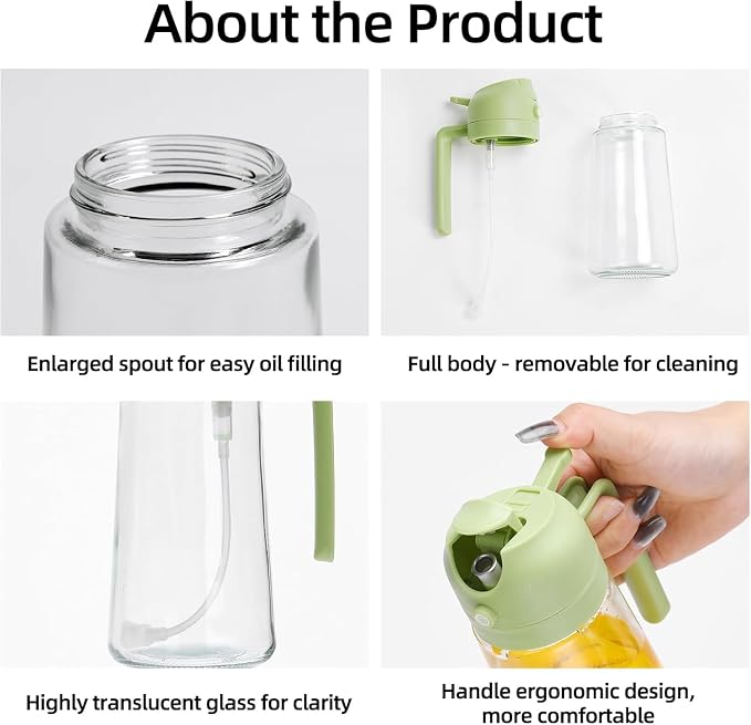 Aovdy Oil Sprayer for Cooking 16oz,2 in 1 Olive Oil Dispenser and Oil Sprayer - 470ml Olive Bottle Spray and Pour - Glass Oil Dispenser for Kitchen Cooking Salad BBQ (2PCS-White & Green)