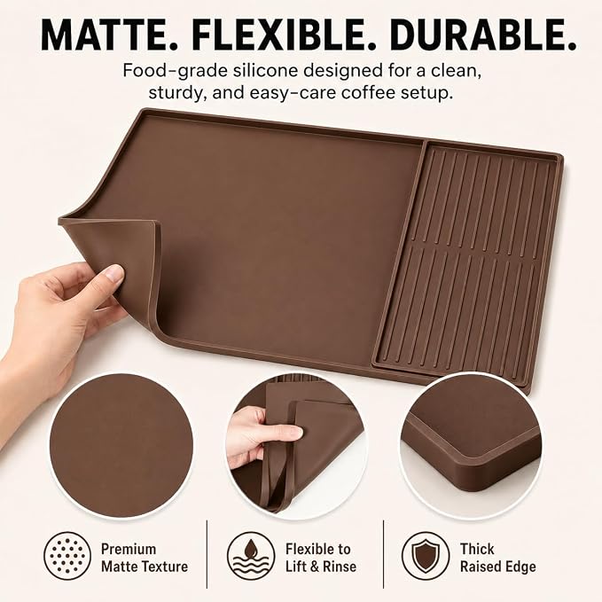 Silicone Coffee Mat 24 x 16 in with Tray, Classic Coffee Brown | Coffee bar mat for countertop use, coffee station mat or coffee machine mat with removable tray and 0.47 in raised rim.