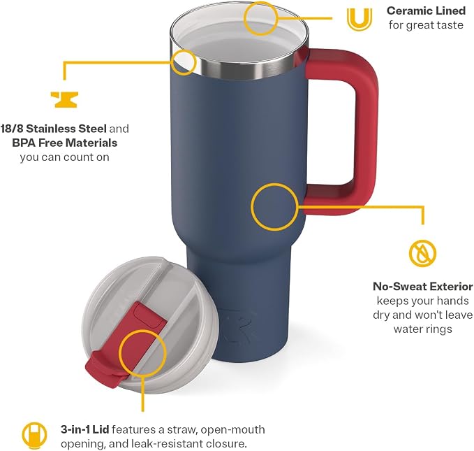 RTIC 40oz Road Trip Tumbler, Insulated, Ceramic Lined, Patriot | with Lid, Handle and Straw, Stainless Steel Metal Cup, Portable for Hot and Cold Drinks, Coffee, Car, Camping, Travel