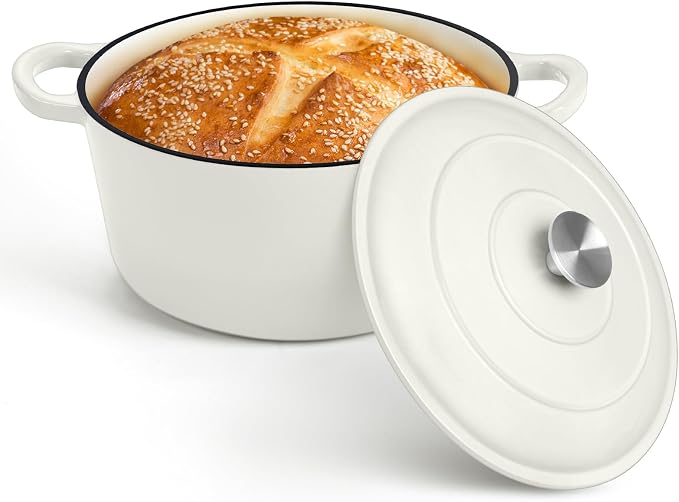 P&P CHEF 7QT Enameled Dutch Oven, Dutch Oven Pot for Bread Baking, White | 7 Quart Enameled Cast Iron Casserole Pot with Lid, for Roasting Braising Stewing Frying Simmering, Work on Various Stoves