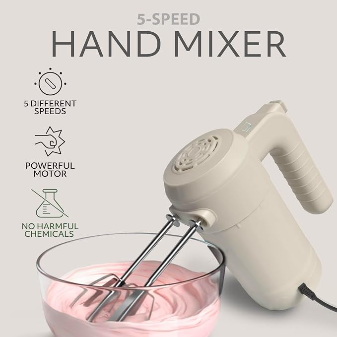 WILLOW Eco Series Electric Hand Mixer, 5 Speed Ultra Power Handheld Mixer with Stainless Steel Whisks, Beaters & Dough Hooks + Eject Button, 350W Kitchen Mixer with Snap-On Storage Case - WHITE