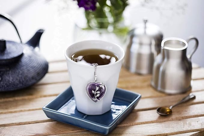 TeaSanavie Tea Infuser Tea Strainers for Loose Tea Amethyst Crystal Heart Pendant Tea Filter Infinity Love Heart Handmade Gemstone Tea Ball with Extended Chain Hook for Brew Fine Loose Tea Gift