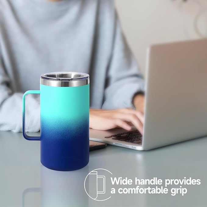 Volhoply 22oz Insulated Stainless Steel Coffee Mug with Leakproof Lid,Double Wall Vacuum Travel Coffee Cup with Handle,Reusable Metal Tumbler,Camping Mugs Keep Hot&Cold(Green Blue,1)