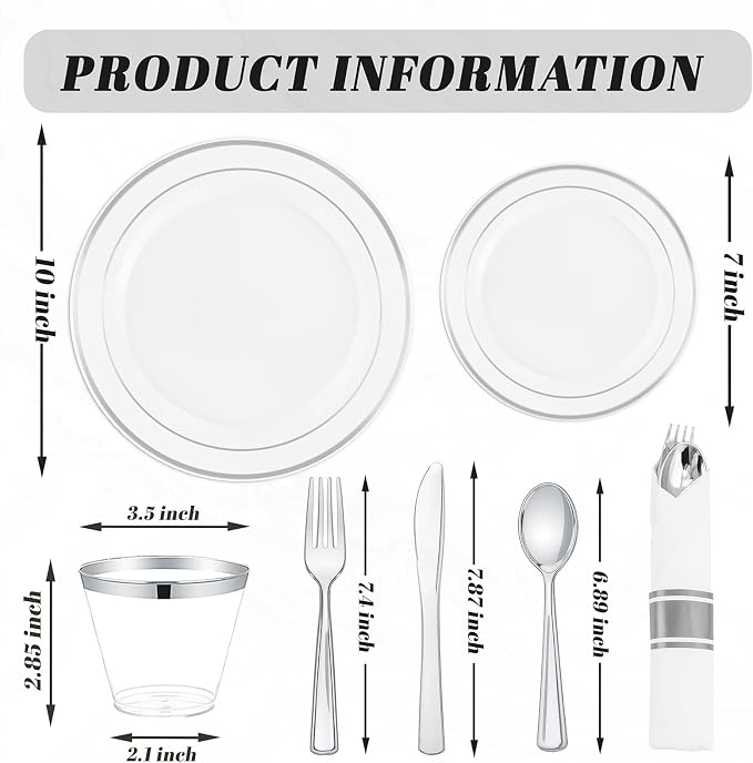 175PCS Sliver Plastic Plates - Silver Plates Disposable - White Plate with Silver Trim 25Guests Plastic Dinnerware Sets with Rolled Napkins for Wedding Baby Shower Spring Birthday