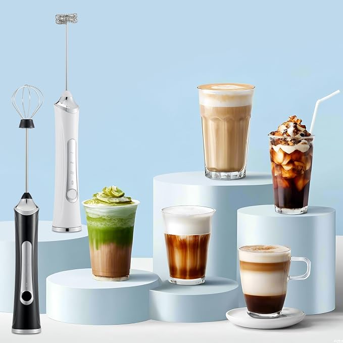 Handheld Electric Milk Frother with 2 Heads, Coffee Whisk Foam Mixer with USB Rechargeable 3 Speeds, Foam Maker Blender for Latte, Cappuccino, Hot Chocolate, Egg (Type 7)