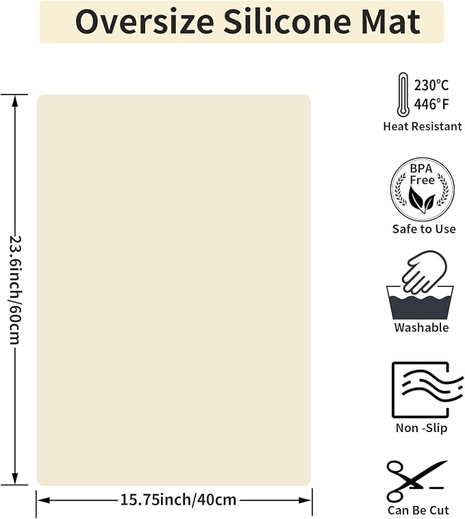 Extra Large Silicone Mats for Countertop - Counter Table Protector Placemats for Baking Crafts, Kids Dinner Placemat Nonstick Nonskid Heat-Resistant Kitchen Pad, 23.6'' x 15.7'', Beige