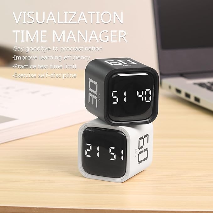 Digital Cube Pomodoro Timer Desk Rechargeable Productivity Timer 5/10/30/60min & Custom Countdown, Vibration & Adjustable Sound Alarm,for Task Work Kitchen ADHD Kids Studying (Black)