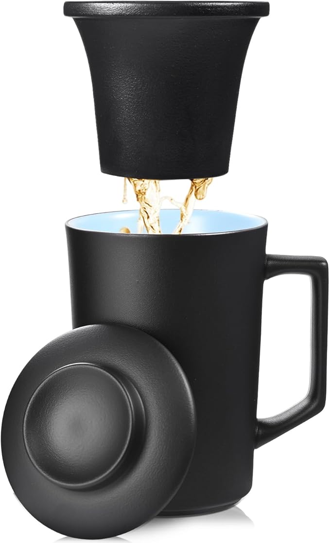15 oz Ceramic Tea Infuser Cup with Lid - Tea Mug with All Porcelain Strainer for Loose Leaf Teas,Microwave and Dishwasher Safe,Metal-Free,BPA-Free for Tea Lovers/Birthday (Black)