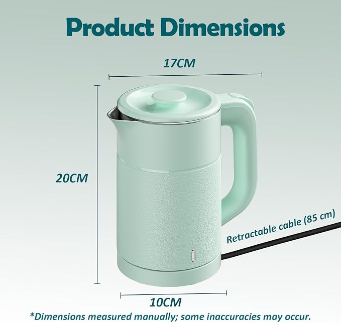 Small Electric Kettle 0.8L, 600W, 304 Stainless Steel Inner, Green | Auto Shut-Off, Boil Dry Protection, BPA-Free, Fast Water Heater for Dorm Office Travel