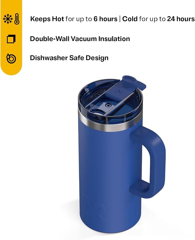 RTIC 16oz Road Trip Travel Mug with Lid and Handle, Ceramic Lined, Cobalt | Stainless Steel Metal, Insulated Travel Cup for Hot and Cold Drinks, Coffee, Car, Camping and Travel