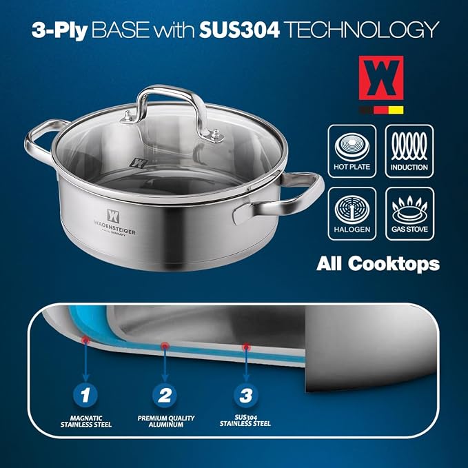 WAGENSTEIGER 4.3 Quart Casserole Pot/Dutch Oven/Saute Pan, 3-Ply Stainless Steel with Aluminum Core, Tempered Glass Lid, Ergonomic Handles, All Cooktops Compatible (9.84" Diameter Casserole)