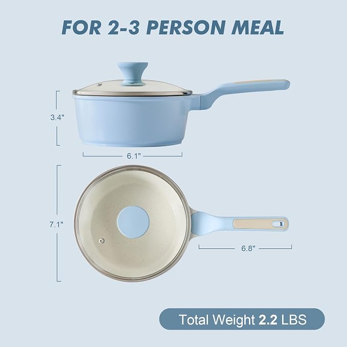 SENSARTE Ceramic Nonstick Saucepan with Lid 2.0QT, PTFE/PFAS Free, Blue | Kitchen Cooking Pot with Stay Cool Handle, Induction Compatible, Ceramic Coating