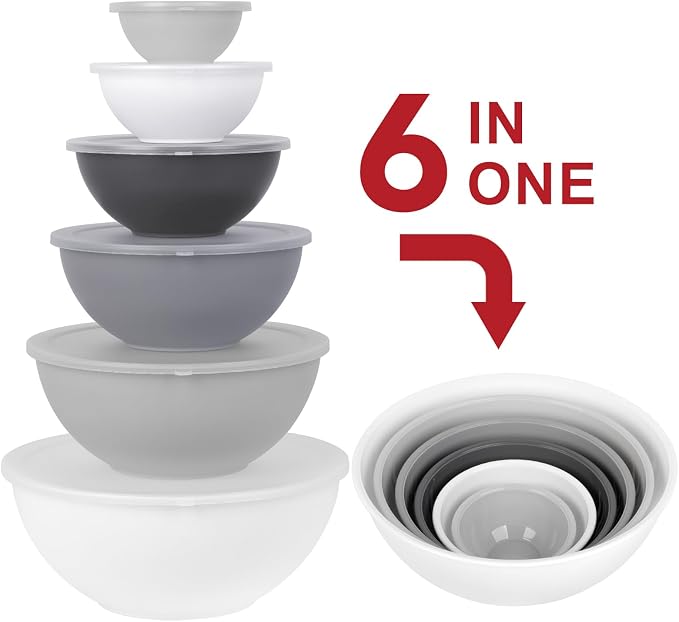 BoxedHome BPA Free Plastic Round Mixing Bowl with Lids, 12 Pack Nesting Bowls with Lids Set, Microwave and Dishwasher Safe Prep & Serving Bowls Great for Mixing, Baking, Serving (White, 12pcs)