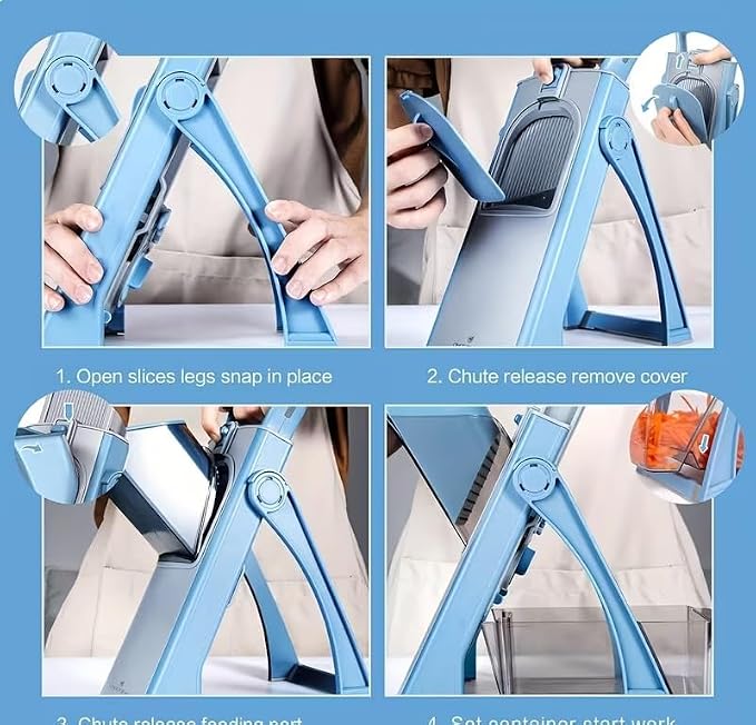 Mandoline Slicer Vegetable Cutter with Container - No Blade Change Needed, Adjustable 0.1-8mm Thickness, Stainless Steel, Hand Guard, Julienne Waffle Cuts for Meal Prep (Blue)