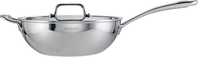 Tramontina Utsava Tri-Ply Clad Stainless Steel 3.75-Quart Wok with Lid | Ceramic Non Stick Interior, Induction-Ready Cooking Pan