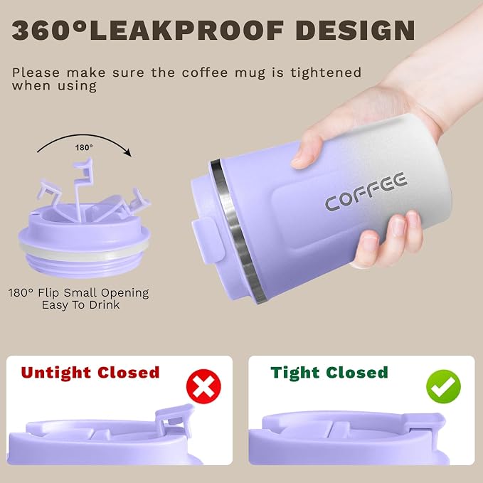 SPLMIFA Travel Coffee Mug Leak-Proof, Reusable Coffee Cups with Lid, Stainless Steel Vacuum Insulated Coffee Tumblers, Thermal Insulation Cup for Men & Women Hot & Cold Drinks(2nd-Purple White, 12OZ)