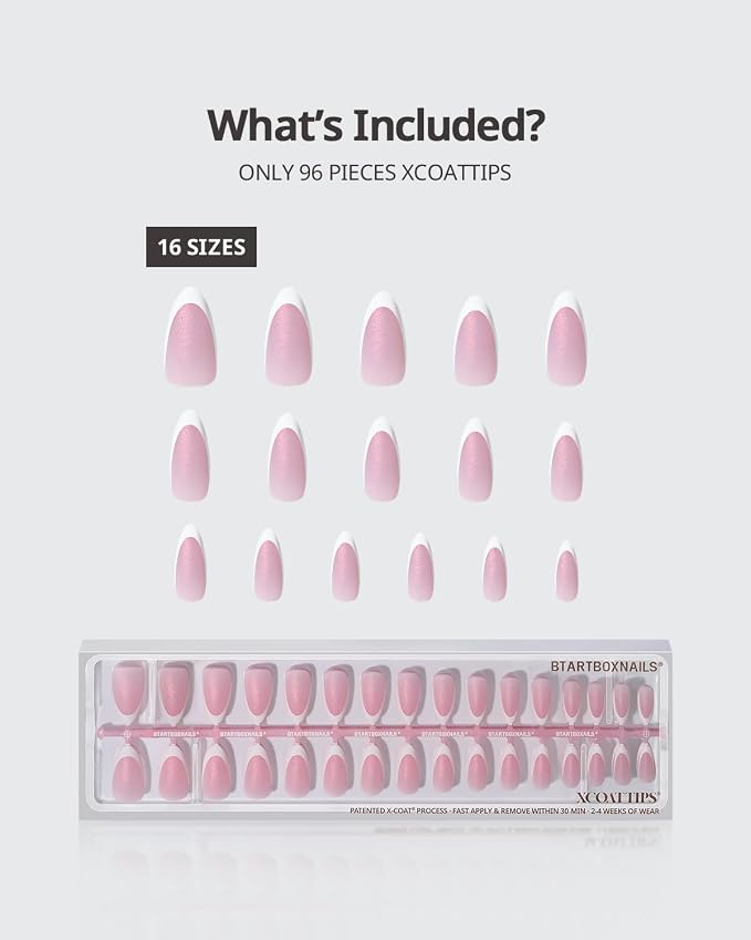 BTArtboxnails XCOATTIPS White French Tip Press On, M Almond, Pink Glitter | Lamp-Curable 4-Week Wear, Salon Quality Value at Home, Natural Nail Look, Easy-to-Apply for Beginners, 96ct Nail Tips Only