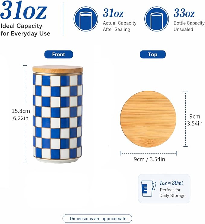 1 Piece Ceramic Coffee Canister, Airtight Coffee Container with Lid for Kitchen Storage (15.8x9cm, Blue Checkered)