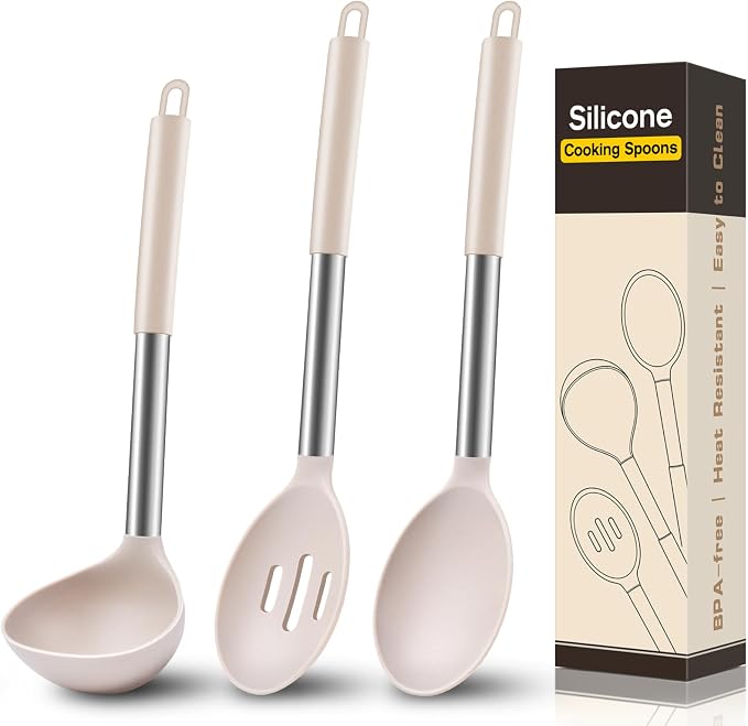 3Pcs Silicone Cooking Spoon Set, Kitchen Utensils Include Solid & Slotted Spoon, Soup Ladle, Food-Grade Heat Resistant 446°F, Non-Scratch Spoons for Serving, Stirring, Draining, Dishwasher Safe, Khaki