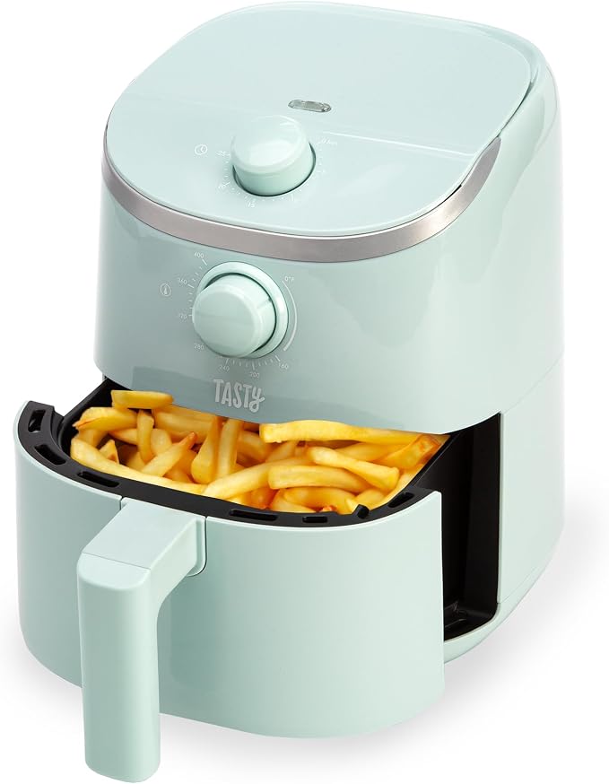 Tasty Personal Air Fryer, Healthier Meals in Minutes, Adjustable Temp Control up to 400°F, Easy-to-Use Design, Nonstick Basket and Tray Made without PFAS, PFOA, PFOS & PTFE, 900 Watts, 2-Quart, Aqua