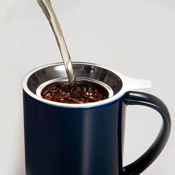 CEEFU 16oz Porcelain Tea Mug with Infuser, Lid and Coaster | Teaware with Filter, Loose Leaf Tea Cup Steeper Maker, Tea/Coffee/Milk/Women/Office/Home/Gift, Navy Blue
