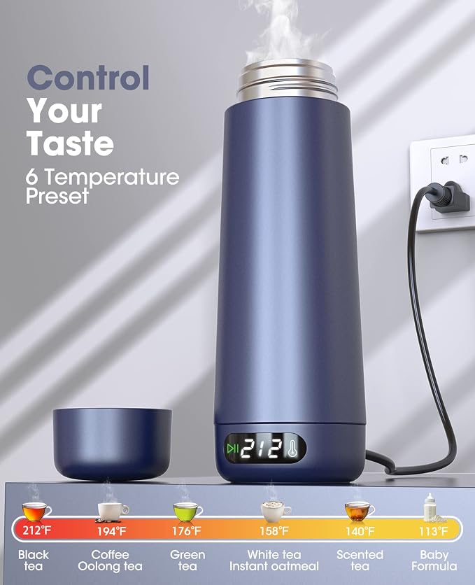 Nicewell Portable Electric Kettle for Travel Global Use 110-240V | Dual Voltage, 316 Stainless Steel, 6 Temp Presets, LCD Display, 370ML, Fast Boil, Auto Shut-Off, Keep Warm, Lightweight