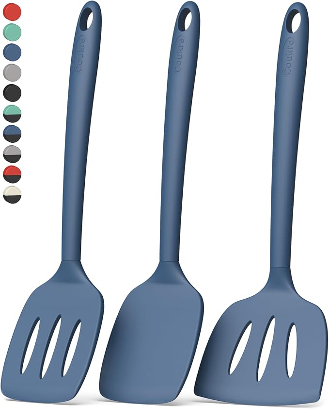 Coukre 3 Pack Silicone Spatula Set, Heat Resistant to 500°F, BPA-Free | Fish Spatula, Solid & Slotted Turners, Dishwasher Safe, Spatula Set for Eggs, Pancakes, Fish & Burgers, PureDarkBlue