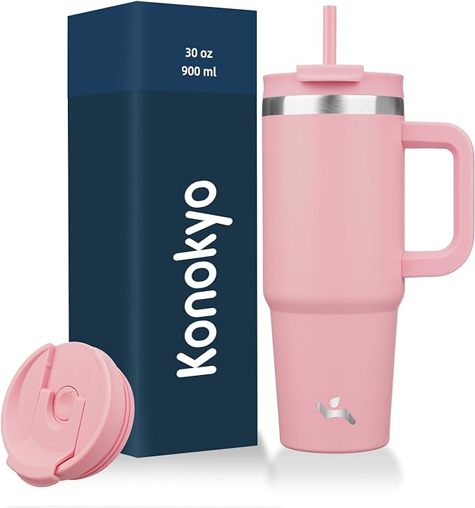 Konokyo 30 oz Insulated Tumbler Water Bottle with Handle, Straw Lid | BPA-free and dishwasher safe; made for gym, travel, coffee and gifting, 2 straws, cup holder friendly,Pink