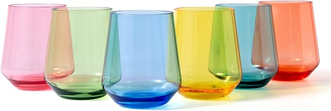 KX-WARE Unbreakable 16-ounce Acrylic Stemless Wine Glasses All Purpose Plastic Tumbler, set of 6 Multicolor Dishwasher Safe BPA Free Classic Style