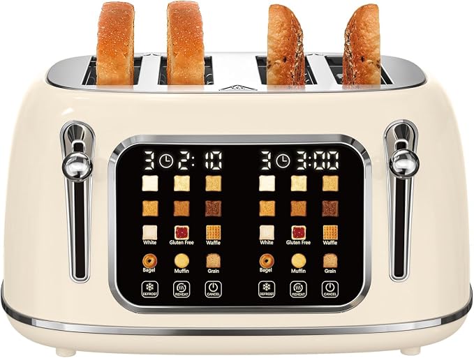 Mecity Toaster 4 Slice, Touch Screen Wide Slot Retro Toaster For Breads Bagel Muffin Waffle, House Warming Gift New Home, 120V 1650W, Cream Color