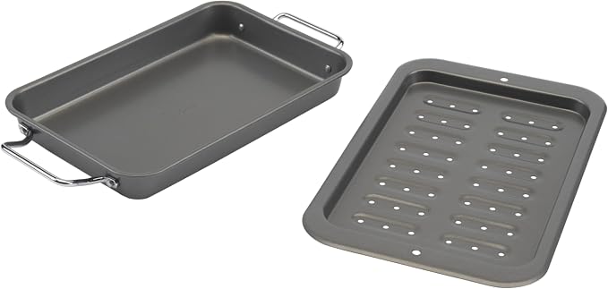 GoodCook Everyday Broiler Baking Pan with Built-in Handles Nonstick Warp-Resistant Heavy-Gauge Steel Construction Even-Heating Oblong Pan with Drip Rack, 7"x11", Gray (Pack of 4)