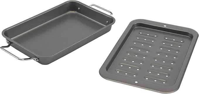 GoodCook Everyday Broiler Baking Pan with Built-in Handles Nonstick Warp-Resistant Heavy-Gauge Steel Construction Even-Heating Oblong Pan with Drip Rack, 7x11-Inch, Gray