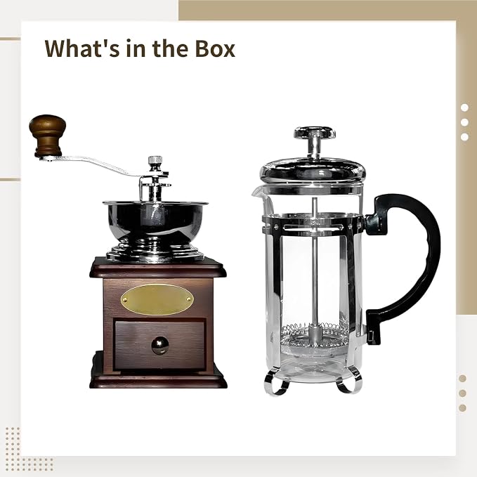 French Press Coffee Set, Metal & Wood Burr Grinder with French Press, Smooth Coffee Maker for Home & Camping, Coffee Table Decor, 7.9 x 5.1 x 2.6 inches