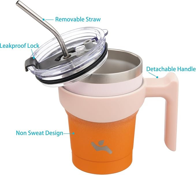 Konokyo 10 oz Tumbler with Handle and Straw, Insulated Travel Mug | Coral; BPA-free, leak-proof tumbler with 2 lids, 2 straws, cup holder fit for coffee, office, travel & daily use
