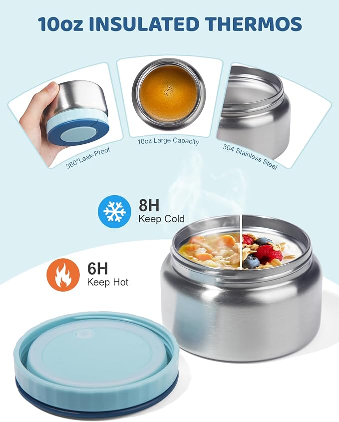 SOHIDA Bento Box with 10oz Soup Thermo: Kids Leakproof Lunch Box with 3 Compartments - Dishwasher Safe and BPA-Free - Vacuum Insulated Food Jar Suitable for Kids Back to School, Travel-Blue