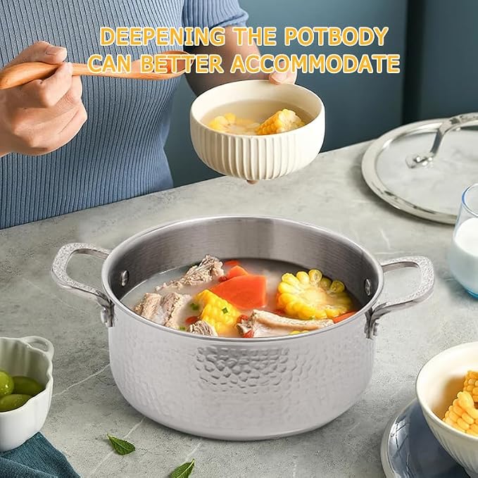 Vivicreate Tri-Ply Stainless Steel Stockpot – Deep Cooking Pot with Hammered Exterior, Compatible with All Stovetops, Even Heat Distribution, Durable Cookware for Soups, Stews, and More（7QT）